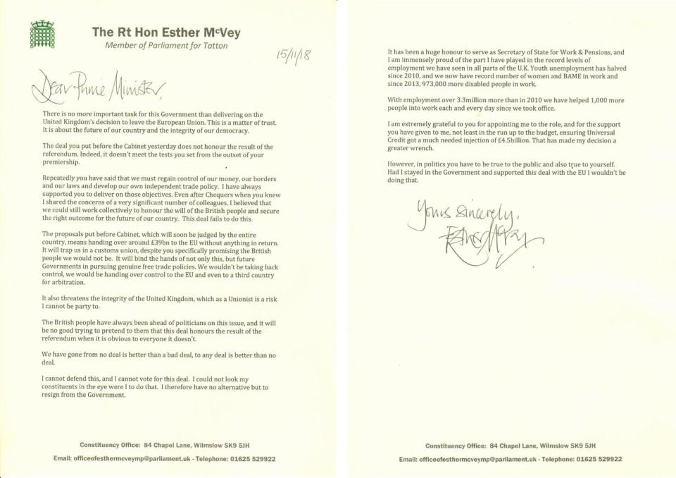  Esther McVey shares resignation letter after quitting at 10am over Brexit deal