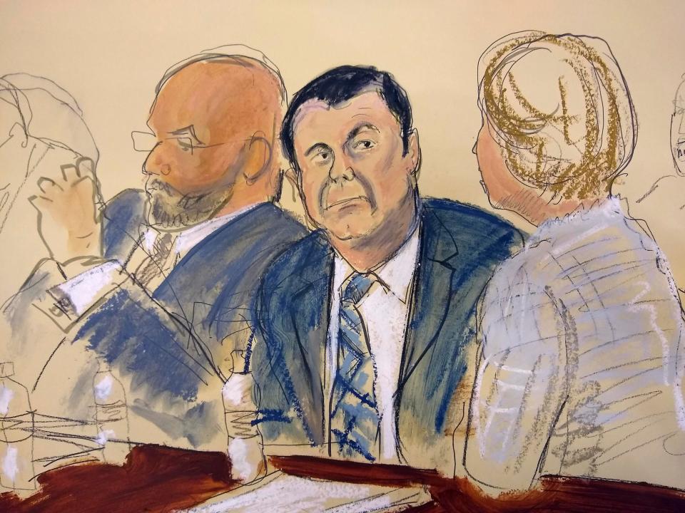  In this courtroom sketch, El Chapo sits in the middle, next to his defence attorney Eduardo Belarezo