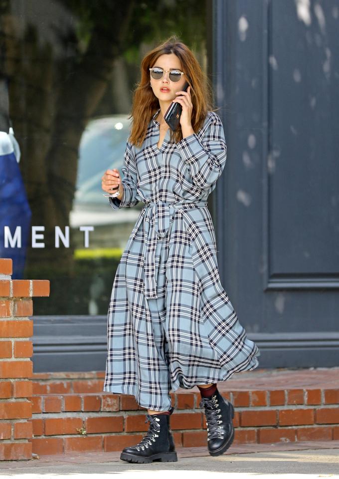  Jenna paired a chequered dress with combat boots for her latest outing