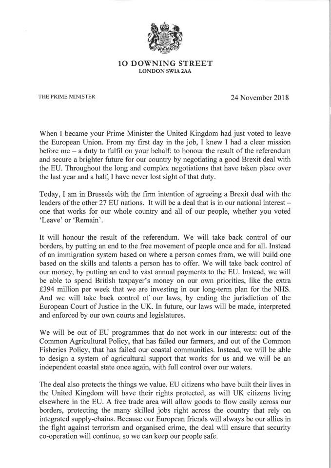  The PM has written a letter to the nation trying to win the case for her deal