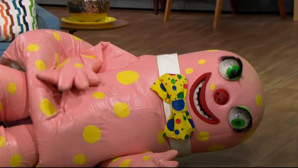  Mr Blobby also hilariously thrashed through the ITV set