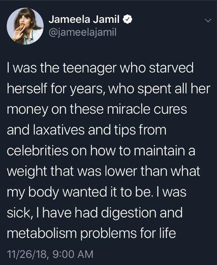  Having suffered from eating disorders as a teenager, Jameela has criticised celebrities such as Cardi B and Kim Kardashian for promoting 'laxatives' disguised as 'miracle cures'