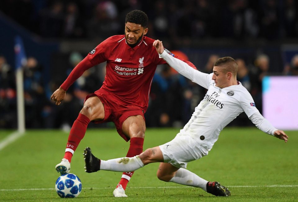  Marco Verratti's tackle on Joe Gomez was late and high