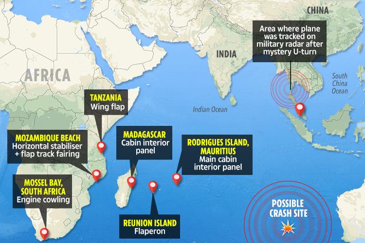  This chart shows the sites around the world where MH370 debris has been found and where the plane is believed to have crashed, just off the Australian coast