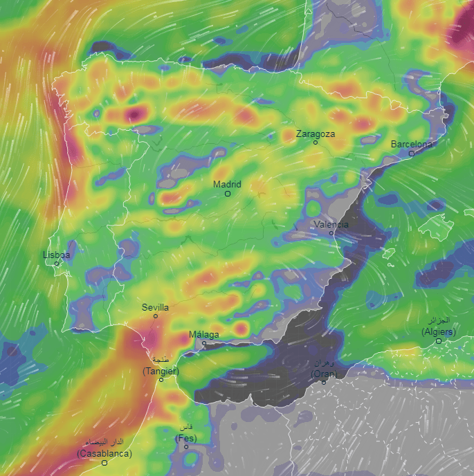  Rain and lightning were set to hit Valencia and Majorca today, days after a devastating storm lashed Tenerife on Saturday. Red indicates rain up to 90mm, orange up to 40mm and green up to 10mm