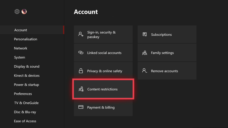  You can access content restrictions and other family settings through the Xbox Dashboard using your controller