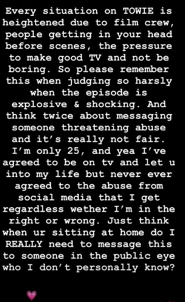 She went on to slam bosses for adding pressure to create good TV, meaning they often fight with co-stars and receive hate from viewers as a result