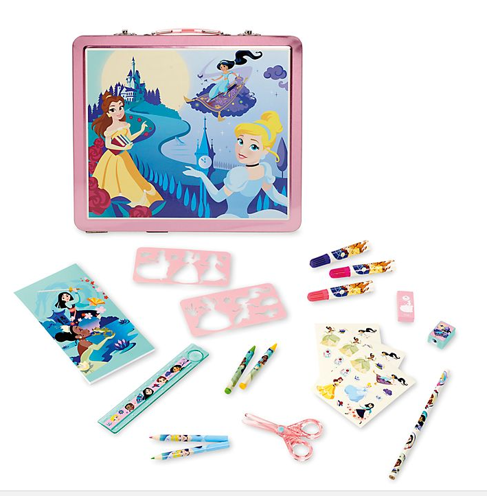  The set includes one ruler, 16 markers, 10 coloured pencils, 16 crayons, a pencil sharpener, eraser, sketch pad, pencil, three sticker sheets, two stencils and one pair of scissors