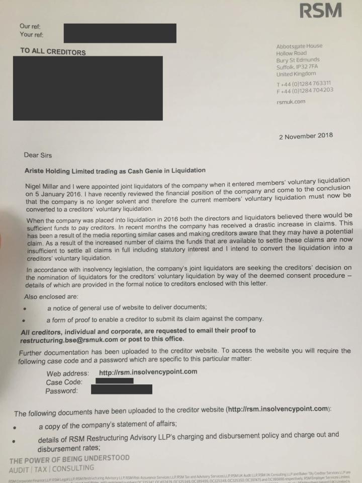  Readers of the Debt Camel blog emailed in letters they'd received from Cash genie's liquidators