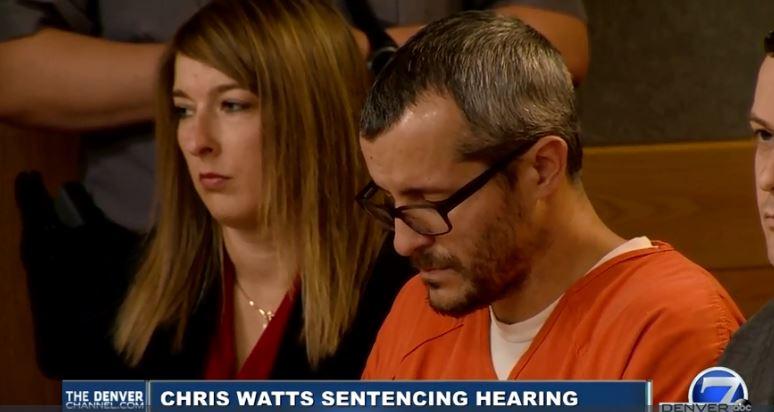  Watts bows his head during sentencing on Monday, as the parents of Shanann Watts speak to the court