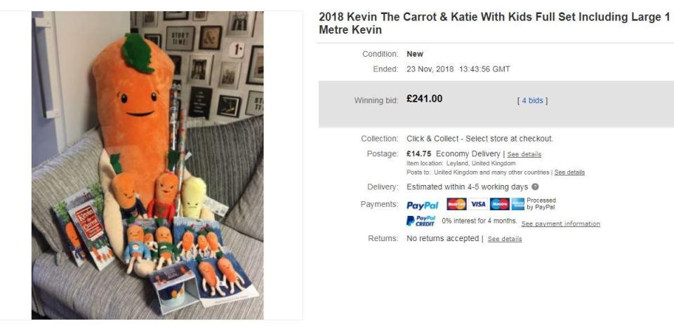  A complete set of all Kevin the Carrot merchandise sold for £241 online