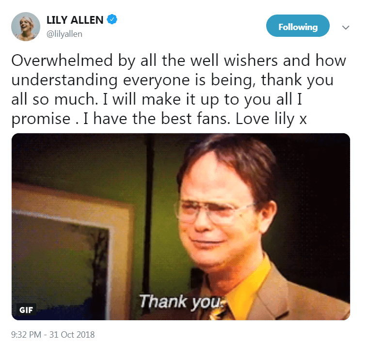  She later thanked her fans on Twitter for their well wishes