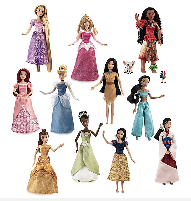  The set of 11 dolls includes Mulan, Rapunzel, Moana, Snow White, Aurora, Princess Jasmine, Belle, Cinderella, Ariel, Pocahontas, and Tiana and you also get accessories