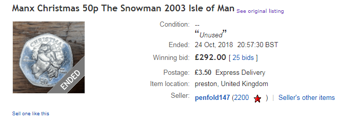 The rare Isle of Man Snowman 50p coin sold for £292 at the end of October on eBay