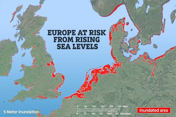  Highlighted in red are the coastal parts of Europe most at risk from a 5-metre sea level rise