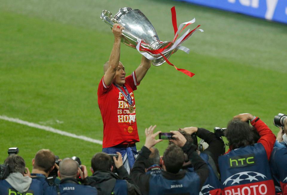 Dutch legend Arjen Robben celebrates at Wembley after winning the 2013 Champions League final for Bayern