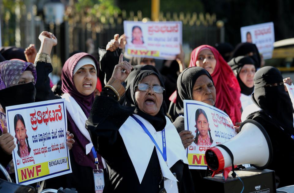  Here, members of National Women Front (NWF), protest against the rape of a girl in Bangalore