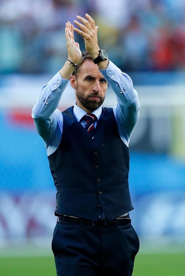 England boss Gareth Southgate in his iconic waistcoat at the World Cup in Russia