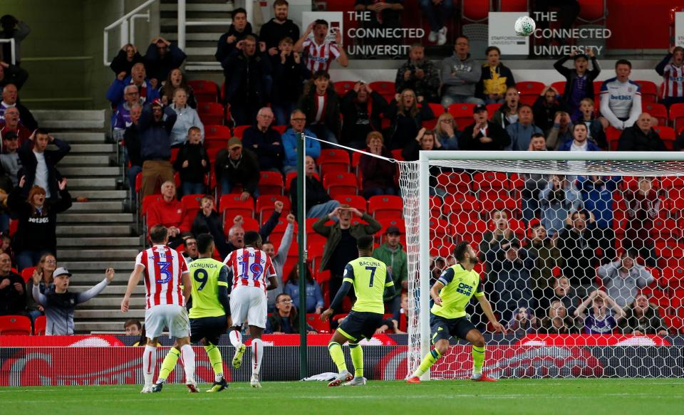  Berahino opening the scoring for Stoke against Huddersfield in the Carabao Cup in August