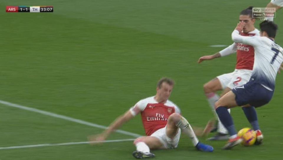  Tottenham forward Son Heung-min hit the deck after Rob Holding went to ground