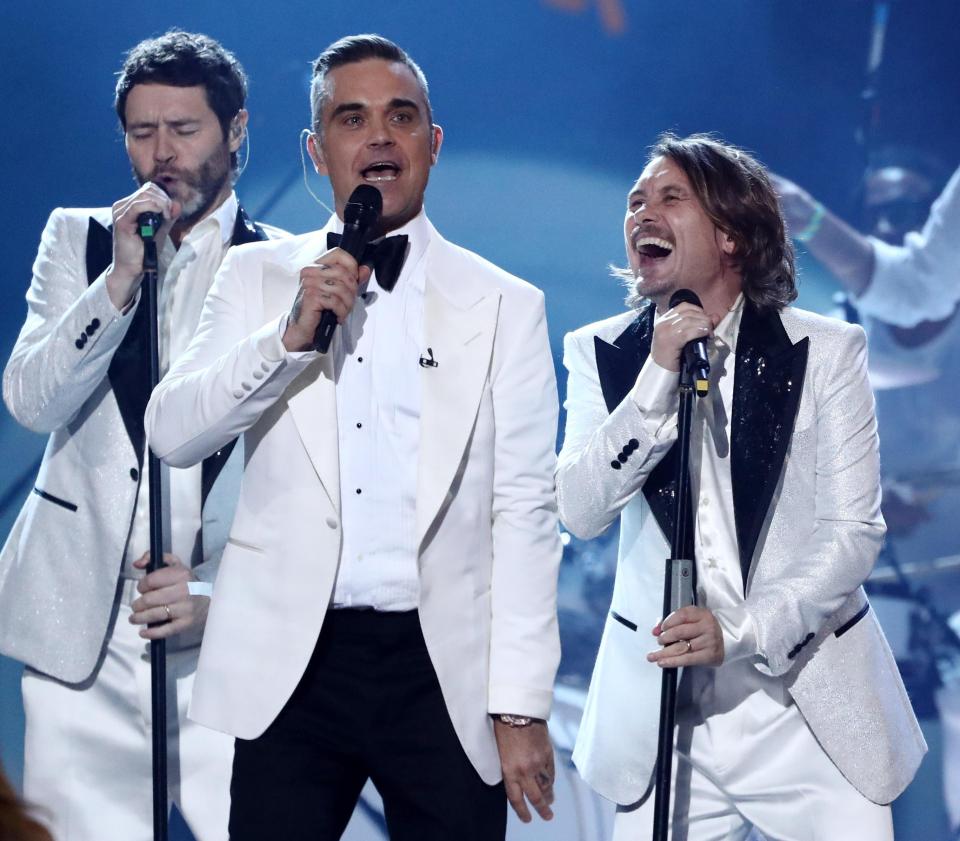  Robbie Williams rejoined Take That during The X Factor final but Dermot O'Leary couldn't help but make a joke about Jason Orange