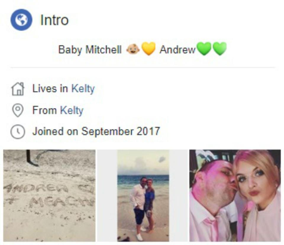  Meaghan has 'Baby Mitchell' and 'Andrew' written on her Facebook profile