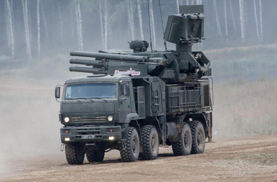 A Pantsir-S1 surface-to-air missile and anti-aircraft artillery weapon system