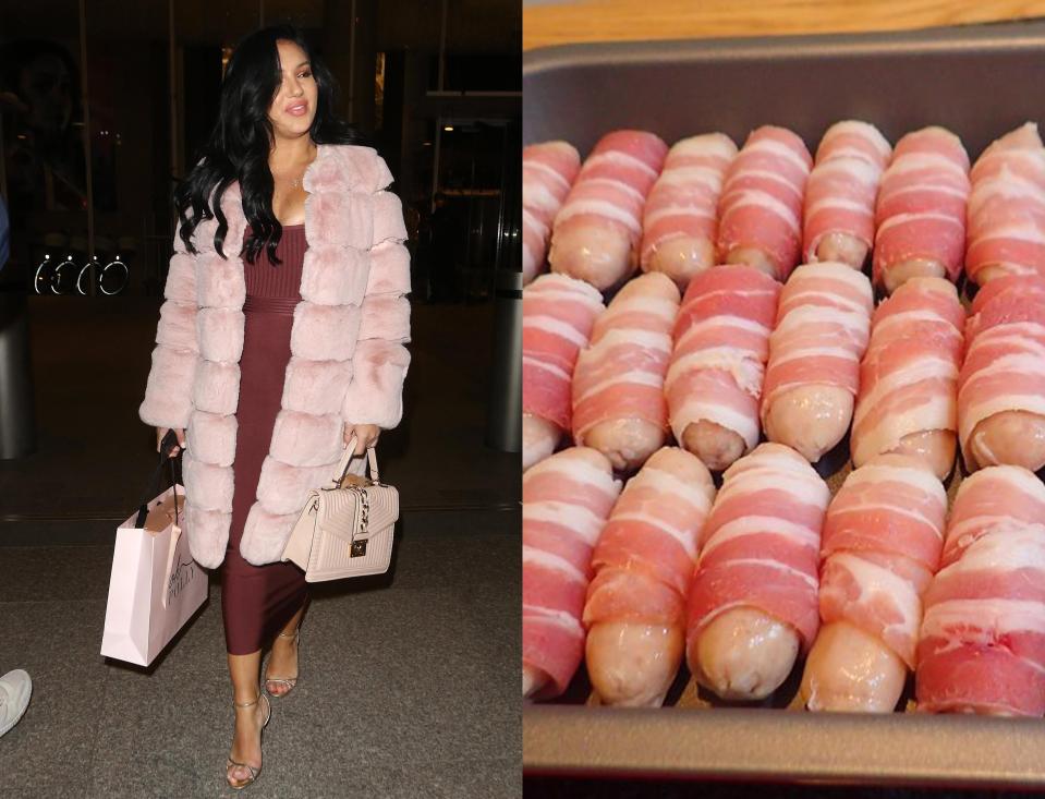  Former Love Island contestant Alexandra won’t catch a chill in this outfit – which looks a lot like the tastiest of Christmas trimmings, pigs-in-blankets