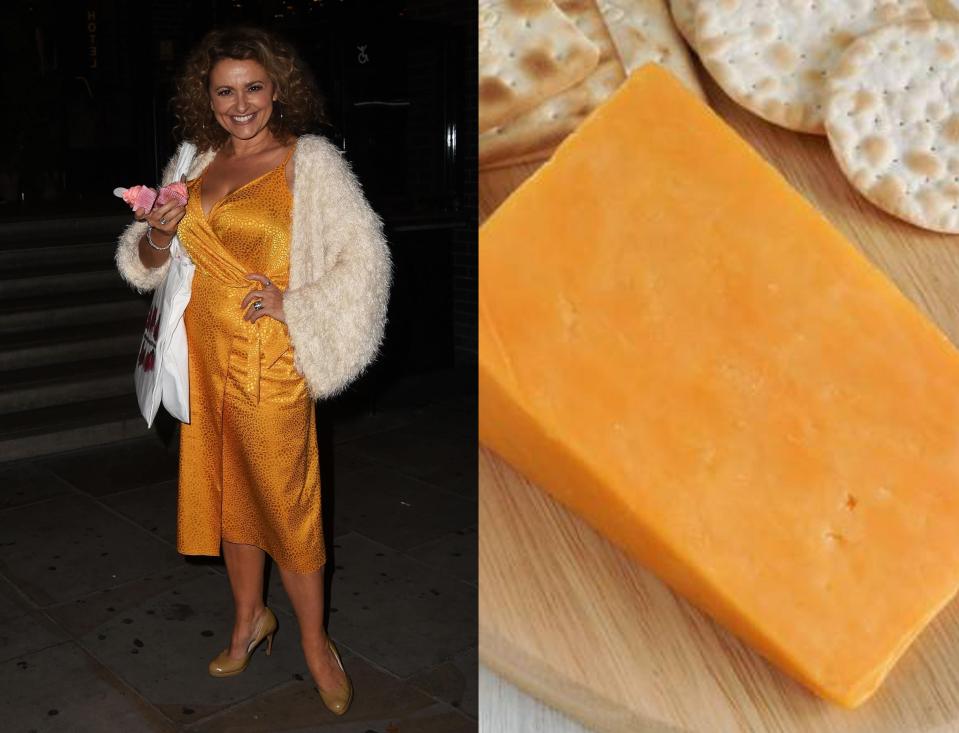  Loose Women panellist Nadia reminded us of a cheeseboard, thanks to her Red Leicester- coloured dress, that jacket is a cream cracker, too