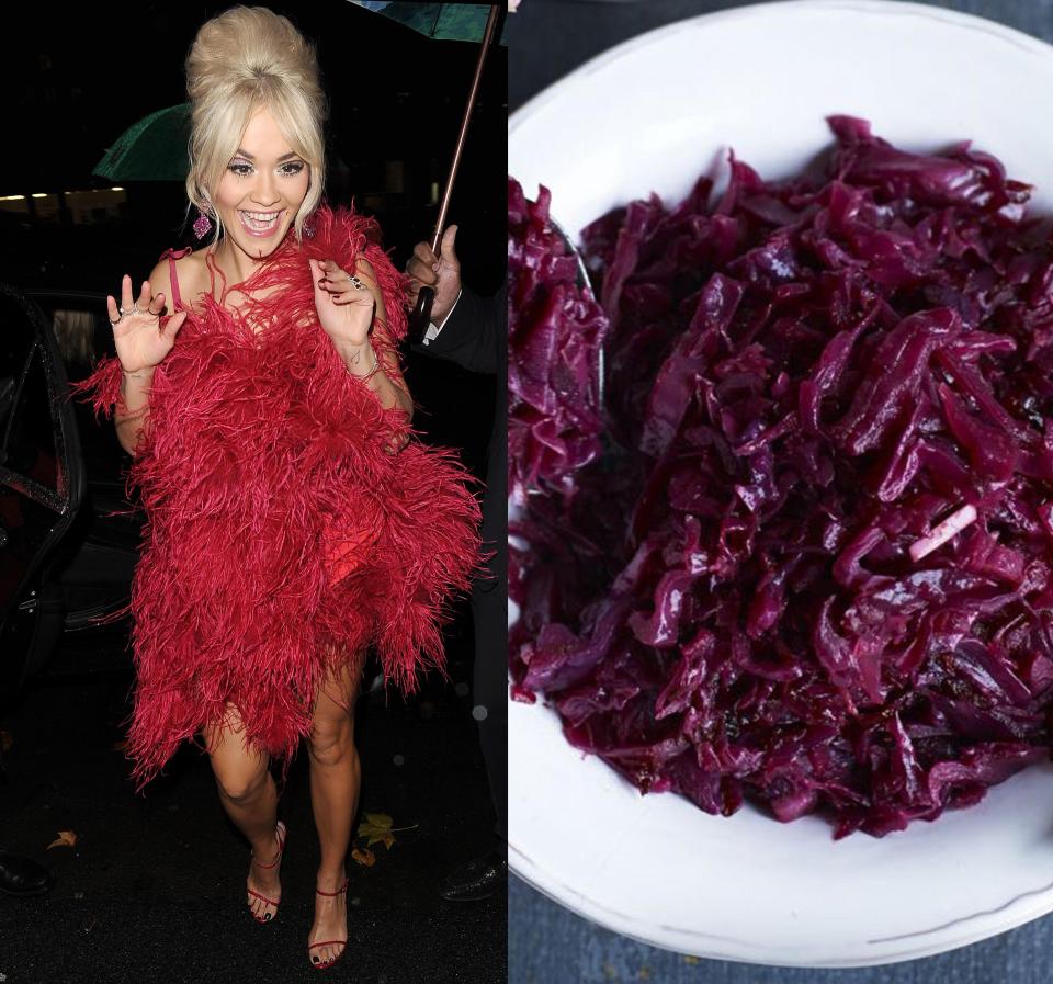  Rita looks red hot at an event in London and doesn’t appear to mind the fact that her feathered frock resembles the red cabbage served with Boxing Day leftovers