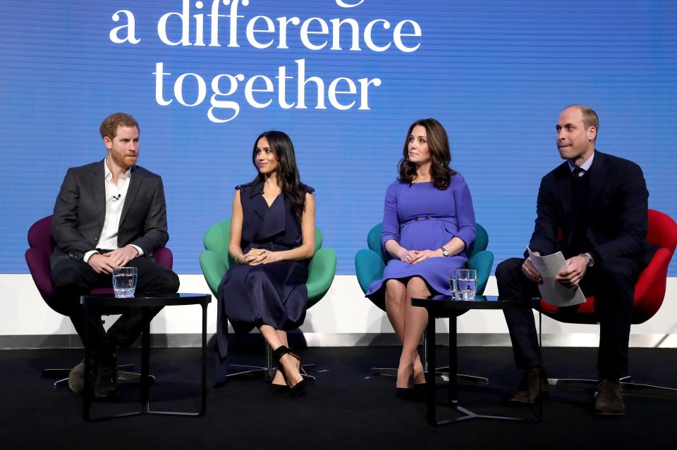  Appearing on stage together, the Fab Four were asked if they ever had 'disagreements' where Meghan looked down, Kate fiddled with her hair and they left it to William, who answered with a very direct: 'Oh yes'