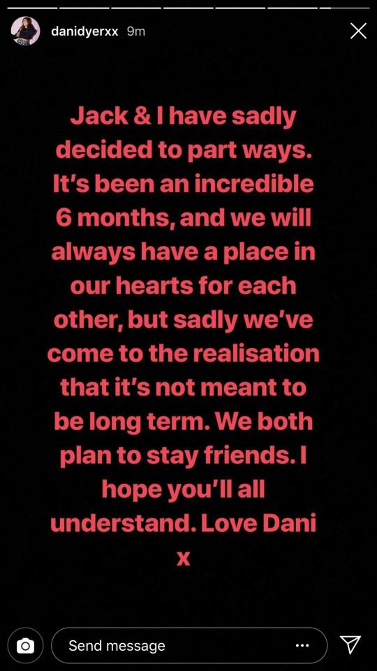  The Love Island beauty posted this message confirming their split after The Sun Online exclusively revealed the shock news