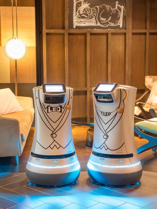 Cleo and Leo, the robot butlers at Hotel EMC2 in Chicago