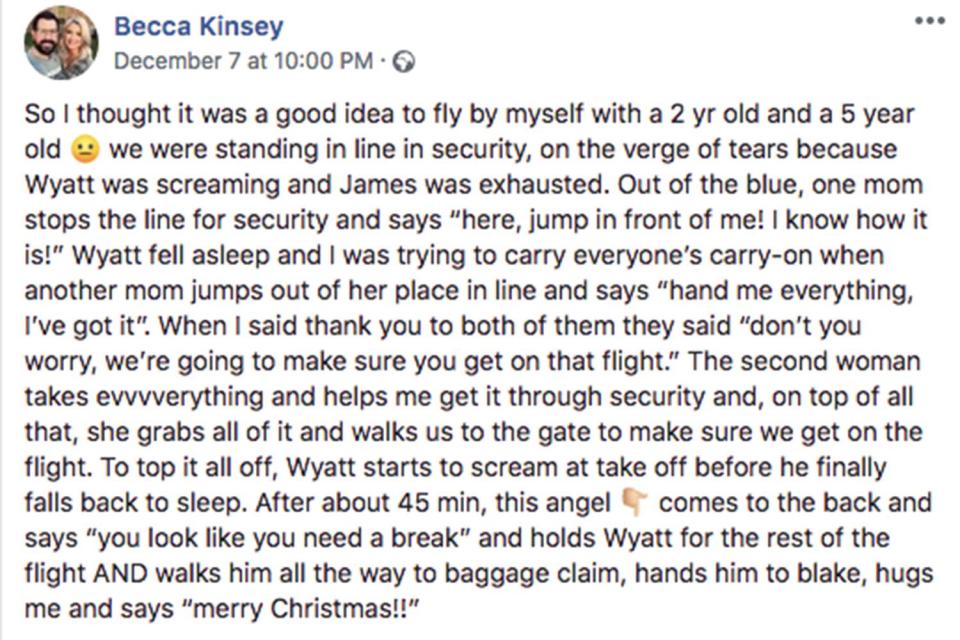  Becca took to Facebook to praise the stranger for her kind gesture