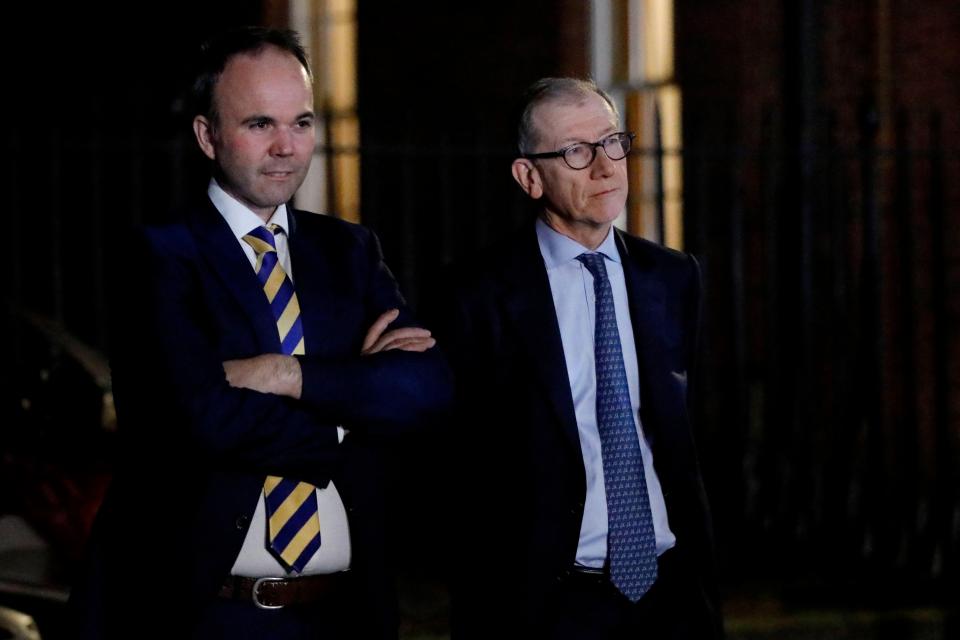  The PM's chief of staff Gavin Barwell and husband Philip watching her statement last night