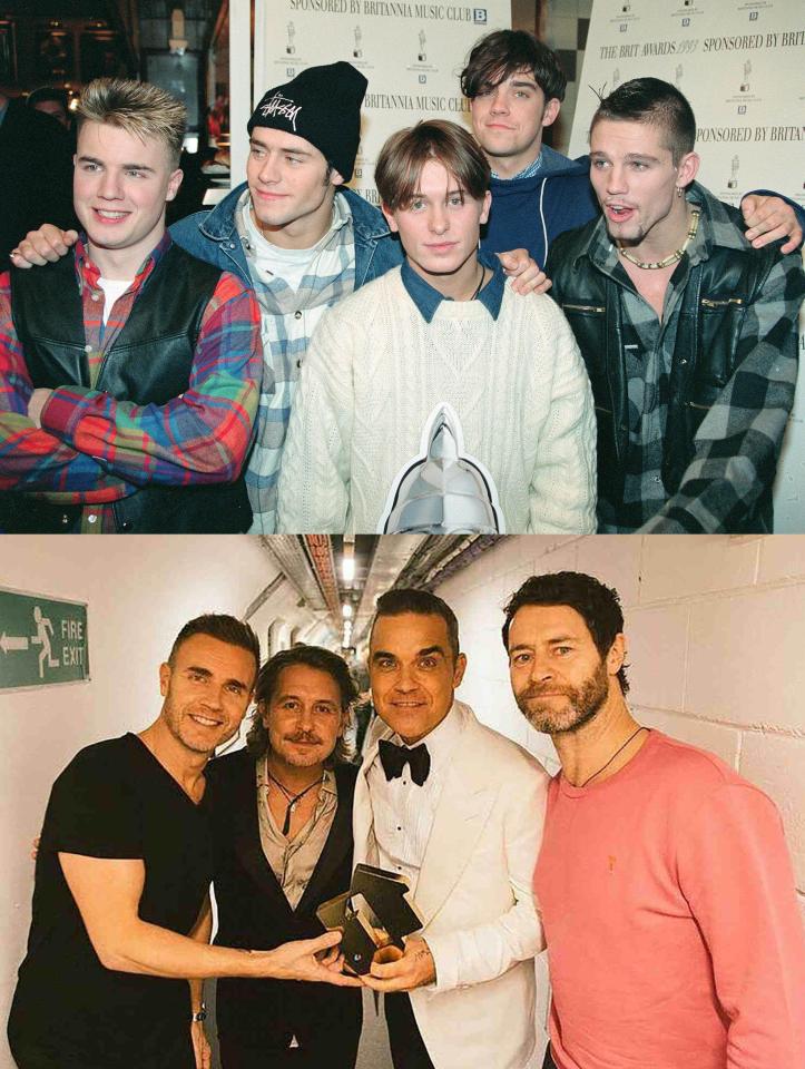  Take That's Gary, Howard, Mark, Robbie and Jason in 1993, top, and now, below