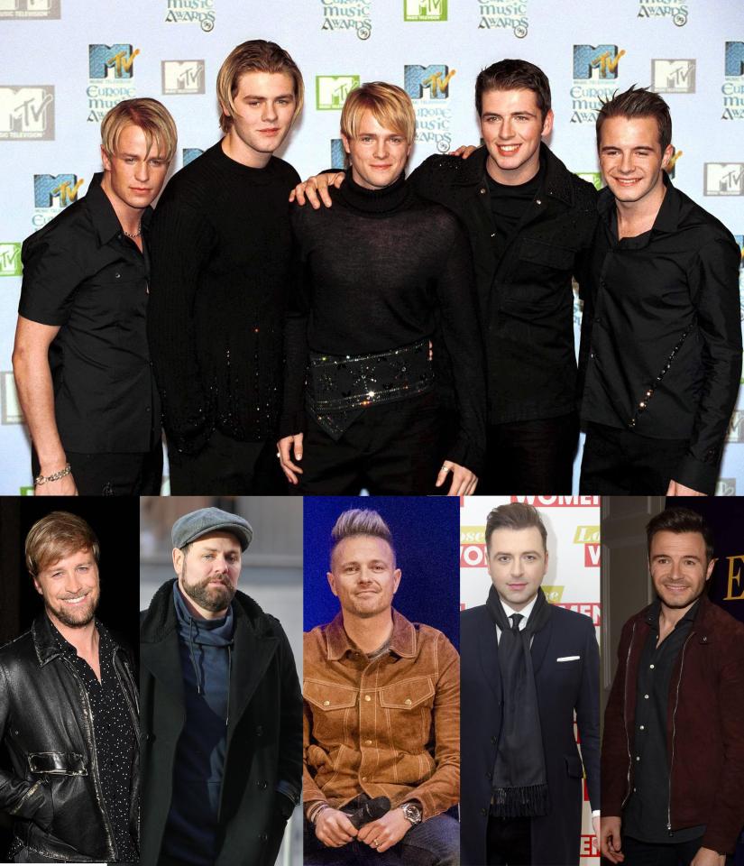  Westlife's Kian, Brian, Nicky, Mark and Shane from 1999, top, with band now, below