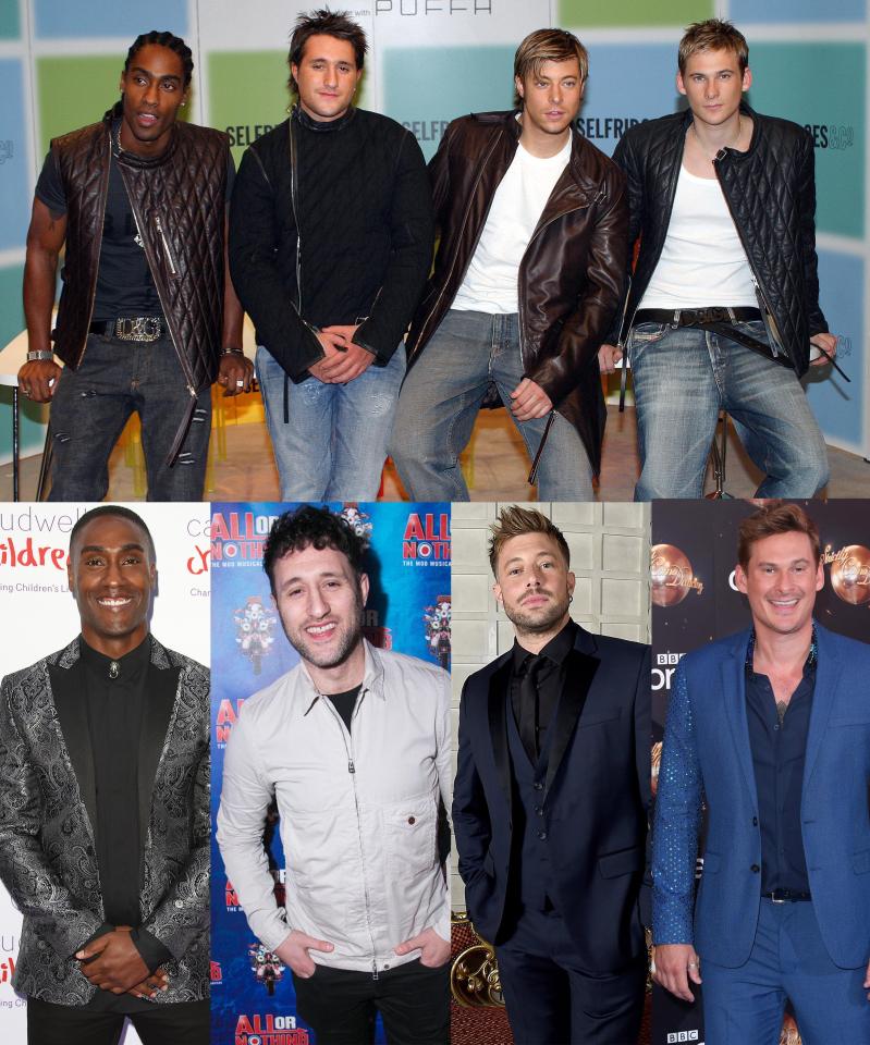  All rise for Simon, Antony, Duncan and Lee from Blue in 2003, top, and now, below