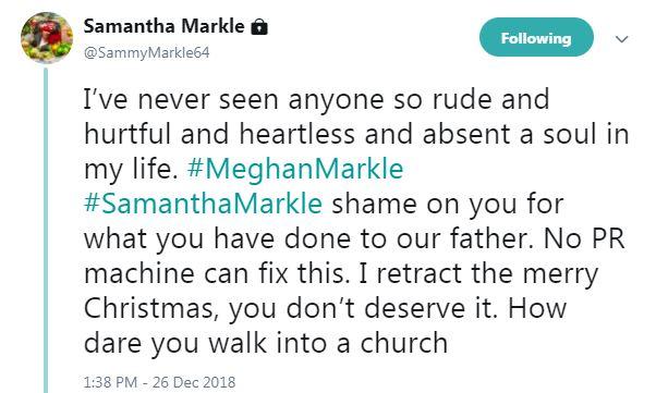 Samantha Markle retracted her Merry Christmas message to her sister Meghan