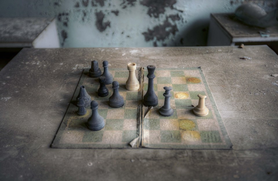 This game of chess, perhaps started while residents waited to be evacuated, was abandoned half-way through