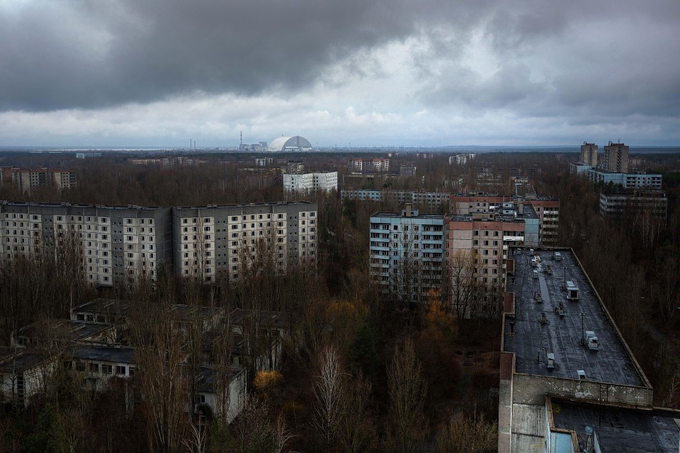 Some 50,000 lived in Pripyat in northern Ukraine. In the distance is a dome built over the Chernobyl reactor