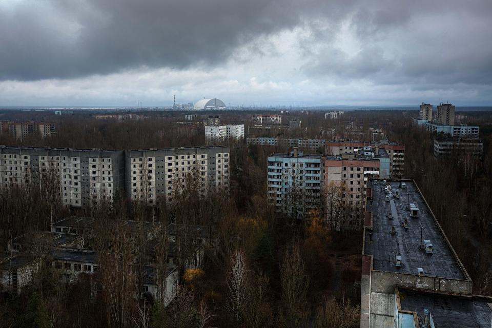  Some 50,000 lived in Pripyat in northern Ukraine. In the distance is a dome built over the Chernobyl reactor