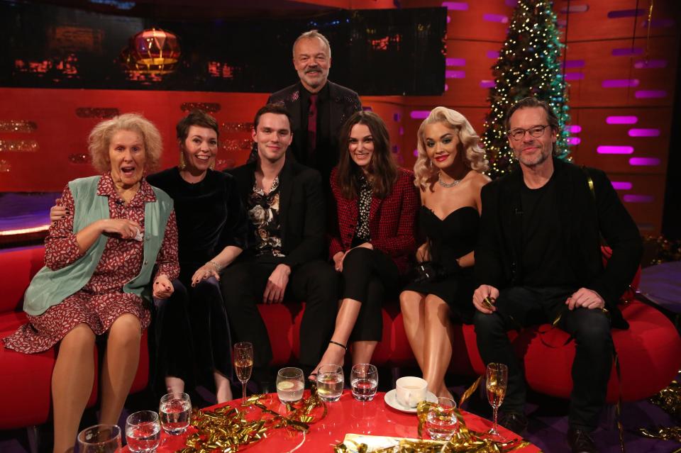 Host Graham Norton with Catherine Tate, Olivia Colman, Nicholas Hoult, Keira Knightley, Rita Ora and Guy Pearce 