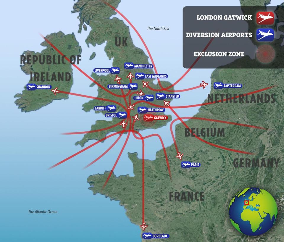  Thousands of flights all around Europe were affected, with routes into Gatwick diverted towards other UK airports