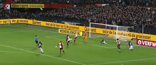  Feyenoord hastily clear the correct ball - high in the sky by the yellow sign - but the referee blows up for a drop-ball anyway