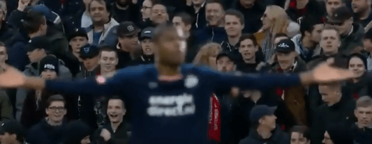  Denzel Dumfries is open-armed and wide-armed with fury after Feyenoord fans scuppered the chance of a PSV goal by throwing another ball into the mixer