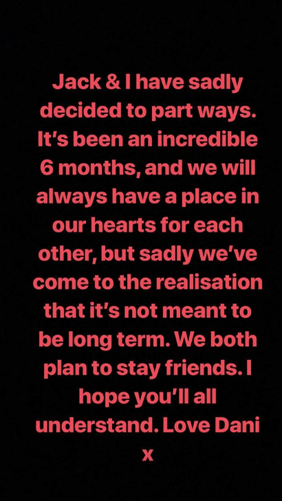  Dani released a statement on Instagram last night