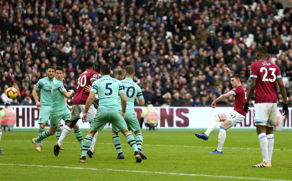  Declan Rice showed the Arsenal forwards up with a finish finish into the top corner, his first West Ham goal