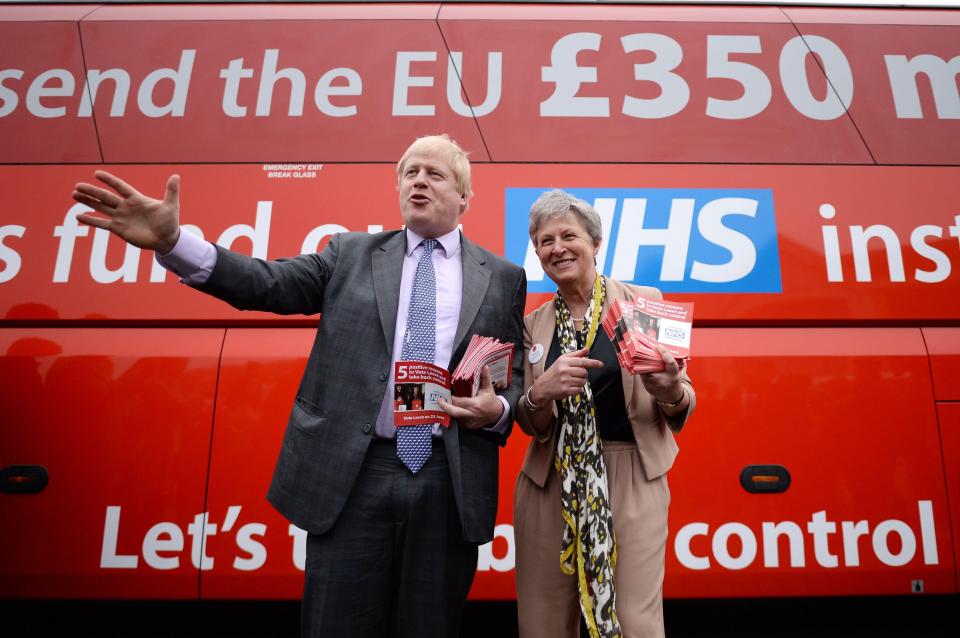  Boris Johnson standing in front of the Vote Leave bus ahead of the 2016 referendum. Theresa May has said the figure 'will come true'