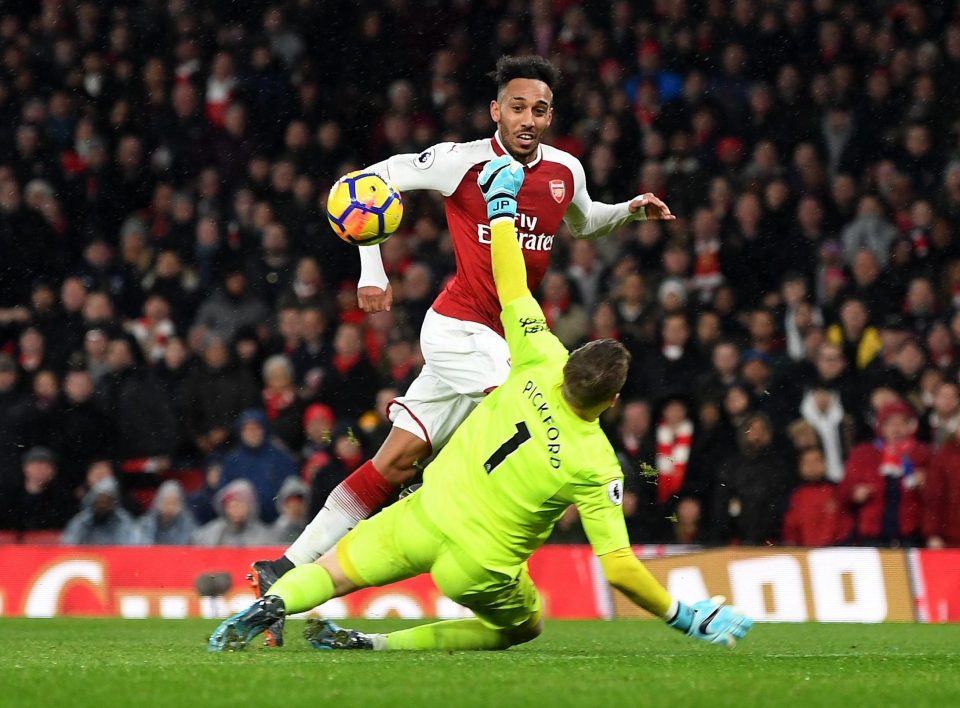 Aubameyang grabbed his first Arsenal goal on his debut against Everton - but he looked to be offside